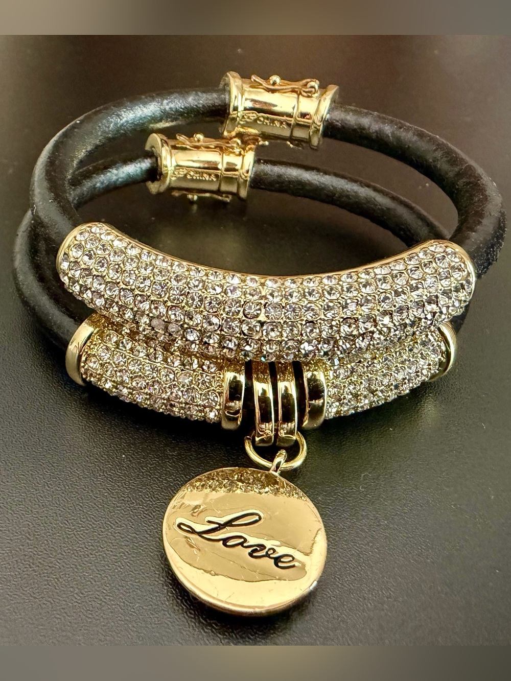 JOAN BOYCE SET 2 BLACK LEATHER GOLD PAVE RHINESTONE LOVE BARREL-ROLLED BRACELETS
